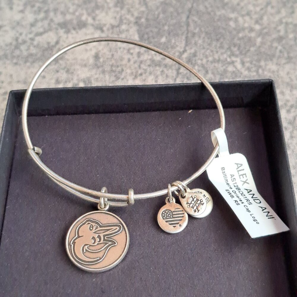Alex & Ani Baltimore Orioles Cap Logo Charm bangle bracelet silver tone